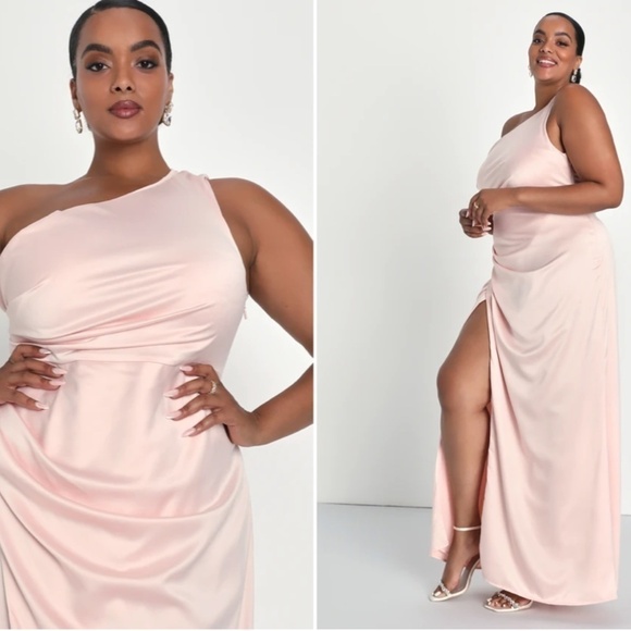 LULU's Prom Wedding Bridesmaid Sexy One Shoulder Satin Thigh Slit Gown - Picture 3 of 5